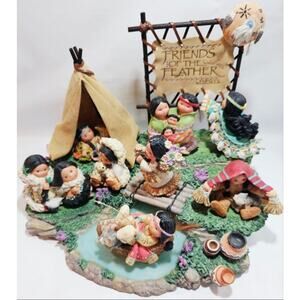Enesco Friends of the Feather Village Teepee Pond Display 1994 SPE270 With 8 Fig